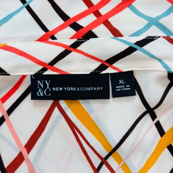 New York & Co. cream monogram button up V-neck long sleeve chiffon shirtdress XL - Picture 15 of 16